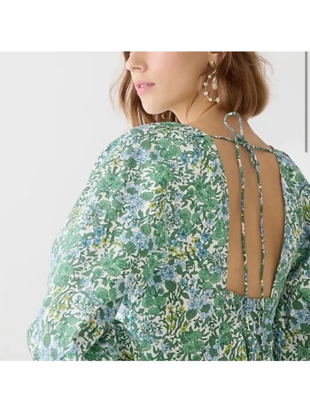 J.Crew Tie-Back Stretch Cotton Poplin-blend Top Blouse Fete Floral Green Sz. 14